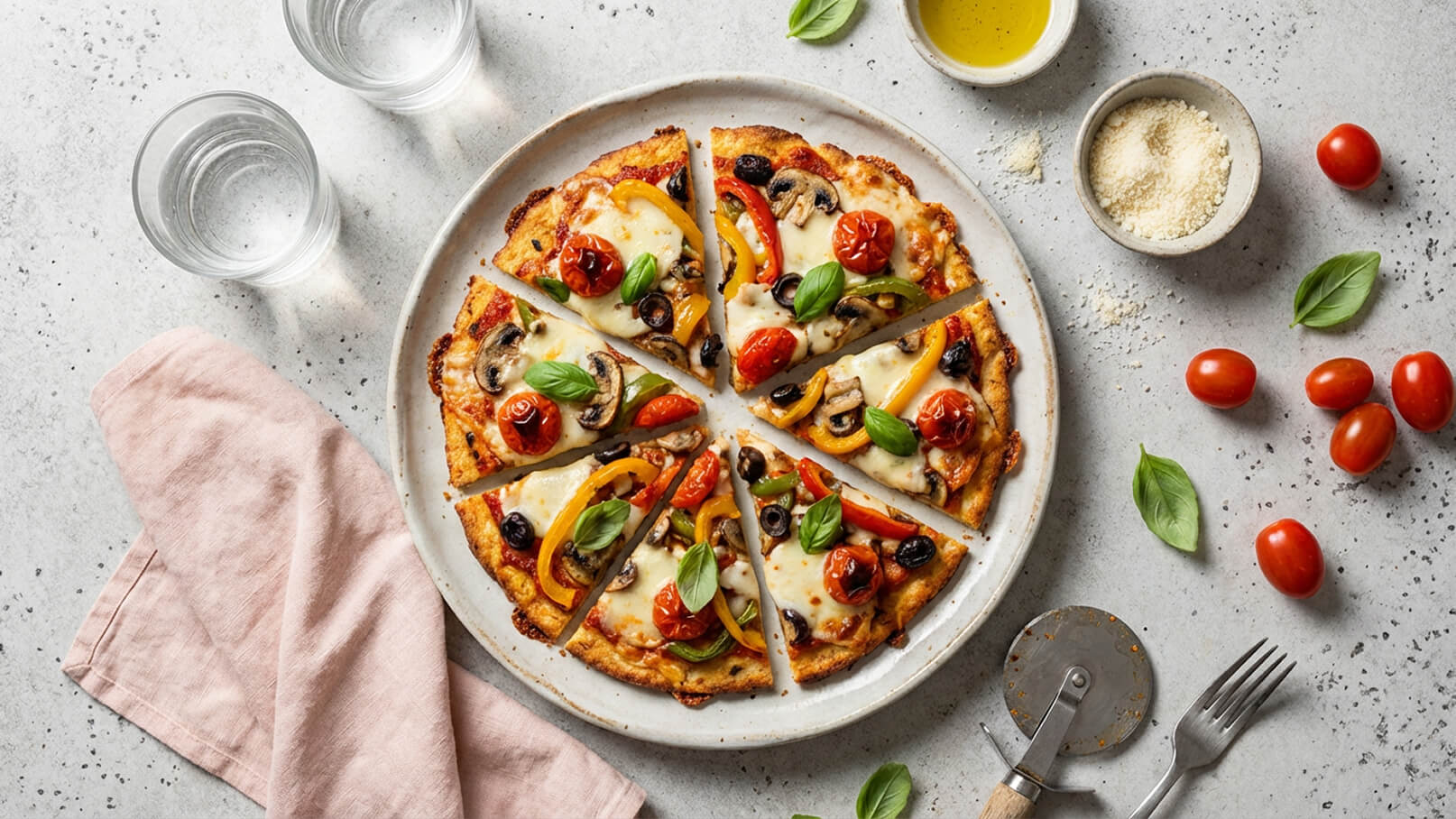 Ein runder Pizzateller mit acht gleichmäßig geschnittenen Pizzastücken. Die Pizza ist belegt mit Käse, Cherrytomaten, Oliven, Paprika und frischem Basilikum. Daneben liegen eine Serviette, ein Pizzaschneider, eine Gabel und ein Glas Wasser. Im Hintergrund sind frische Zutaten und Olivenöl sichtbar.