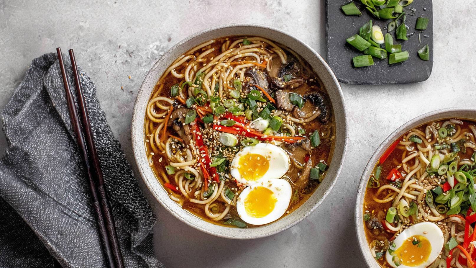 Eine Schüssel mit Ramen-Nudeln in Brühe, garniert mit Gemüse, Chili, Frühlingszwiebeln und Sesam. Zwei halbierte Eier mit weichem Eigelb liegen ebenfalls in der Schüssel. Im Hintergrund sind Essstäbchen und gehackte Frühlingszwiebeln auf einem schwarzen Teller zu sehen.