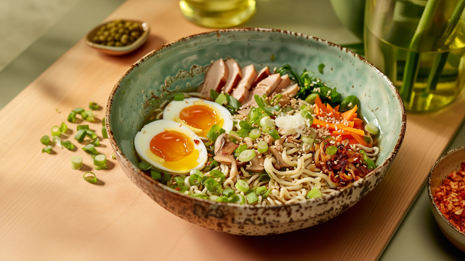 Eine Schüssel Ramen mit zwei weichgekochten Eiern, frischen Zwiebelringen, eingelegtem Gemüse, geschnittenem Hähnchen und Sesam. Die verschiedenen Zutaten sind farbenfroh und ansprechend angerichtet, um eine appetitliche Mahlzeit darzustellen.