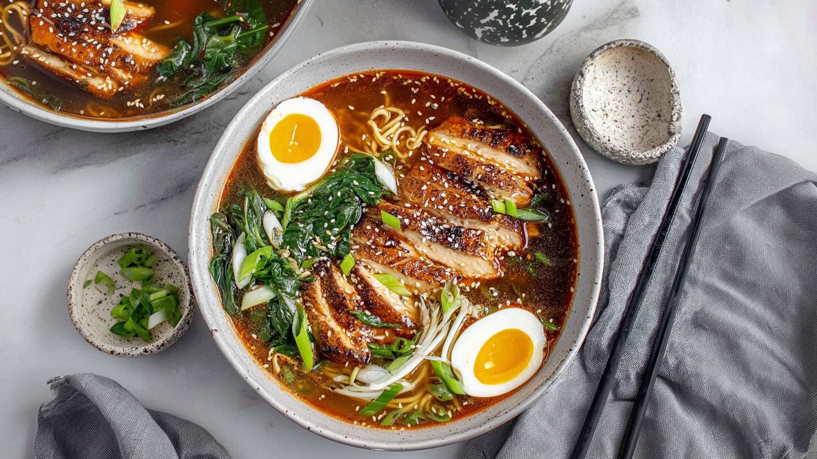 Eine Schüssel Ramen mit gebratenem Hähnchen, Spinat, Frühlingszwiebeln und einem halben gekochten Ei. Oben sind Sesamsamen verteilt. Neben der Schüssel befindet sich ein kleiner Teller mit gehackten Frühlingszwiebeln und Essstäbchen. Ein graues Tuch liegt daneben.