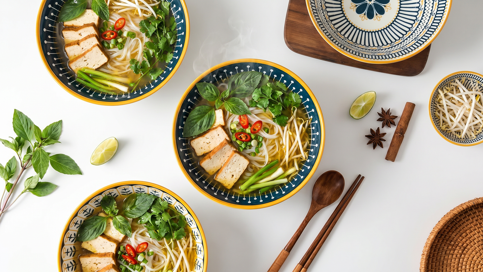 Drei Schalen mit Nudelsuppe stehen auf einem Tisch. Jede Schale enthält Brühe, Reisnudeln, frisches Gemüse, Tofu und Kräuter. Neben den Schalen sind Limettenstücke und Gewürze wie Sternanis zu sehen. Ein küchenstilvolles Ambiente wird durch Holzetagen und Besteck ergänzt.