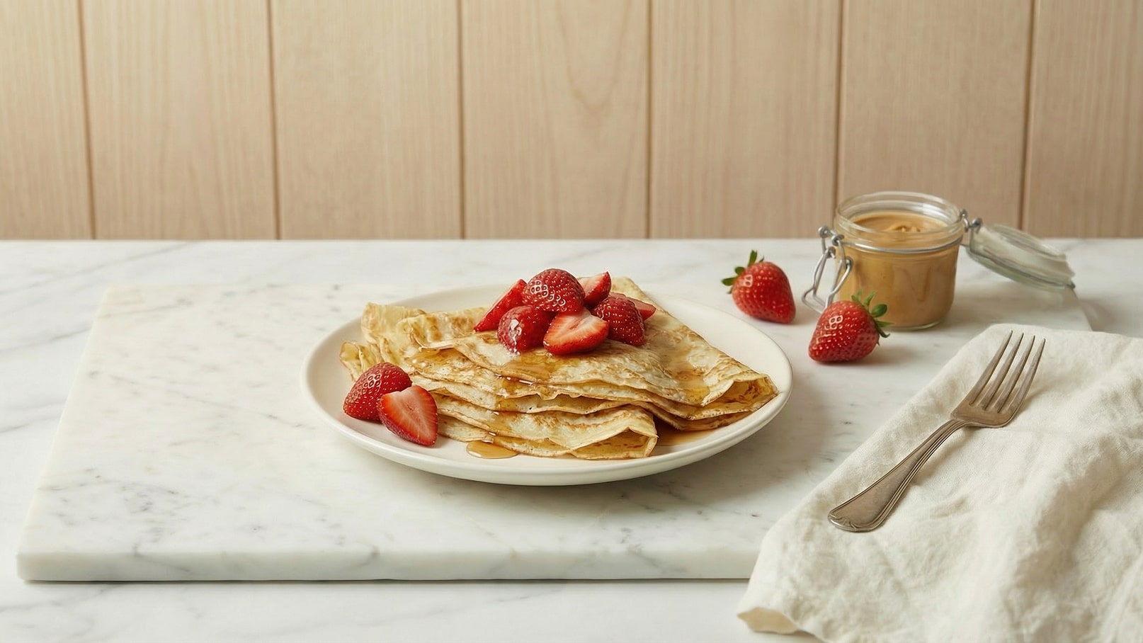 Ein Teller mit gestapelten Crêpes, garniert mit frischen Erdbeeren und einem Schuss Sirup. Im Hintergrund steht ein Glas mit Erdnussbutter und einige weitere Erdbeeren sind daneben platziert. Ein Besteck liegt auf einem weißen Tuch.