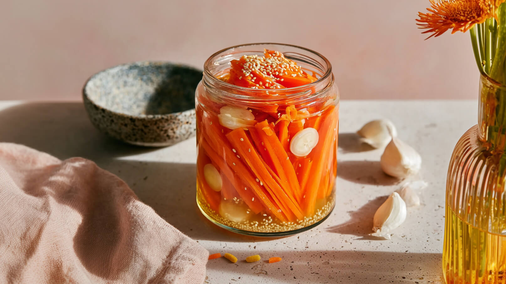 Ein Einmachglas mit geschnittenen, marinierten Karotten, garniert mit Sesam und mehreren Knoblauchzehen. Im Hintergrund befindet sich eine kleine Schüssel sowie ein Blumenstrauß in einer Vase, auf einer hellen Oberfläche.