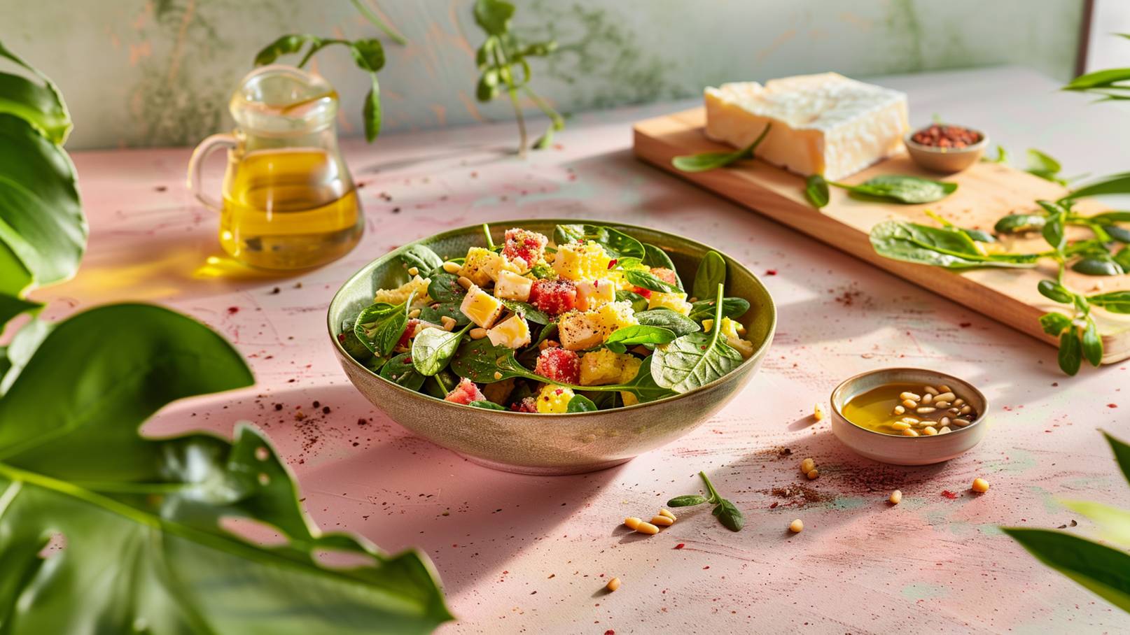Eine grüne Schüssel mit Salat, bestehend aus Spinat, bunten Käsewürfeln, Pinienkernen und Gewürzen. Neben der Schüssel befinden sich eine kleine Schale mit Olivenöl und ein Glas mit Öl. Der Hintergrund zeigt einen sanften, pastellfarbenen Untergrund mit Pflanzen.