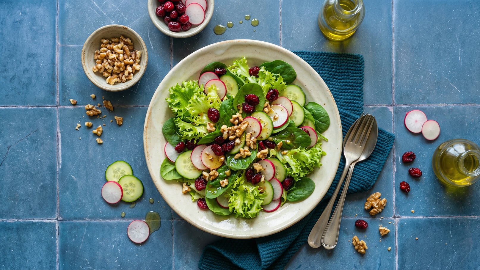 Ein frischer Salat auf einem Teller, bestehend aus grünen Blättern, Radieschen, Gurkenscheiben, getrockneten Cranberries und gehackten Walnüssen. Neben dem Teller liegen eine Gabel und ein Messer, sowie kleine Schalen mit Walnüssen und Cranberries. Ein paar Tropfen Öl sind sichtbar.
