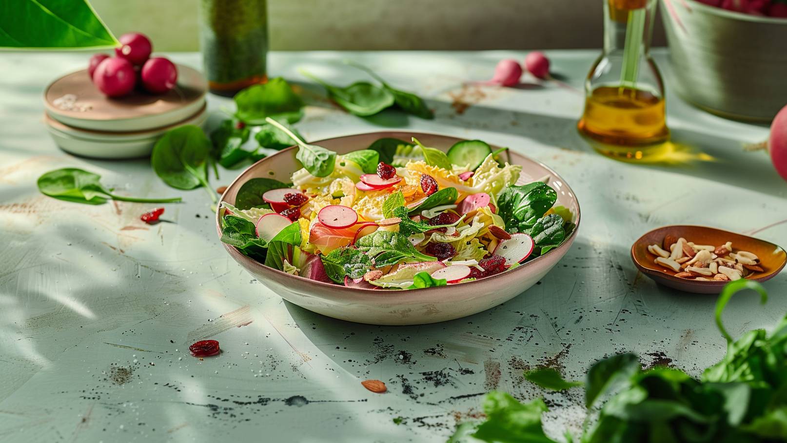 Eine Schüssel frischer Salat mit grünem Blattgemüse, Radieschen, Gurken und getrockneten Cranberries. Die Zutaten sind bunt gemischt und mit einem leichten Dressing angerichtet. Im Hintergrund sind weitere Radieschen und ein Fläschchen Öl sichtbar.