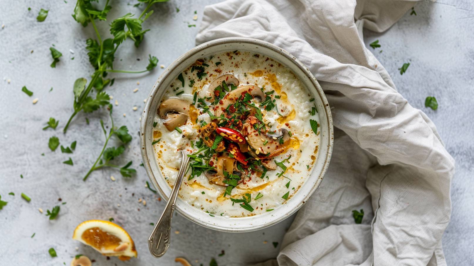 Eine Schüssel mit cremiger Suppe, garniert mit geschnittenen Champignons, frischen Kräutern und roten Chiliflocken. Ein Löffel aus Metall liegt in der Schüssel, während ein Stück Zitrone und einige Kräuter auf der Tischoberfläche verstreut sind.