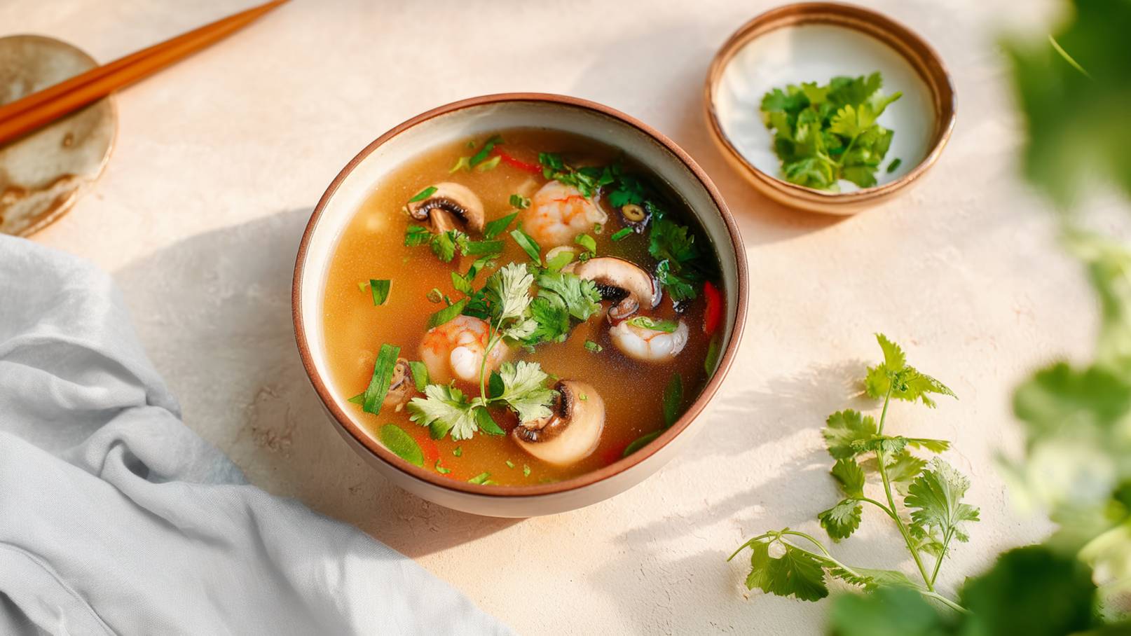 Eine Schüssel mit Brühe enthält Garnelen, Champignons und frische Kräuter wie Koriander und Frühlingszwiebeln. Neben der Schüssel befindet sich ein kleiner Teller mit zusätzlichem Koriander. Im Hintergrund ist ein graues Tuch teilweise sichtbar.
