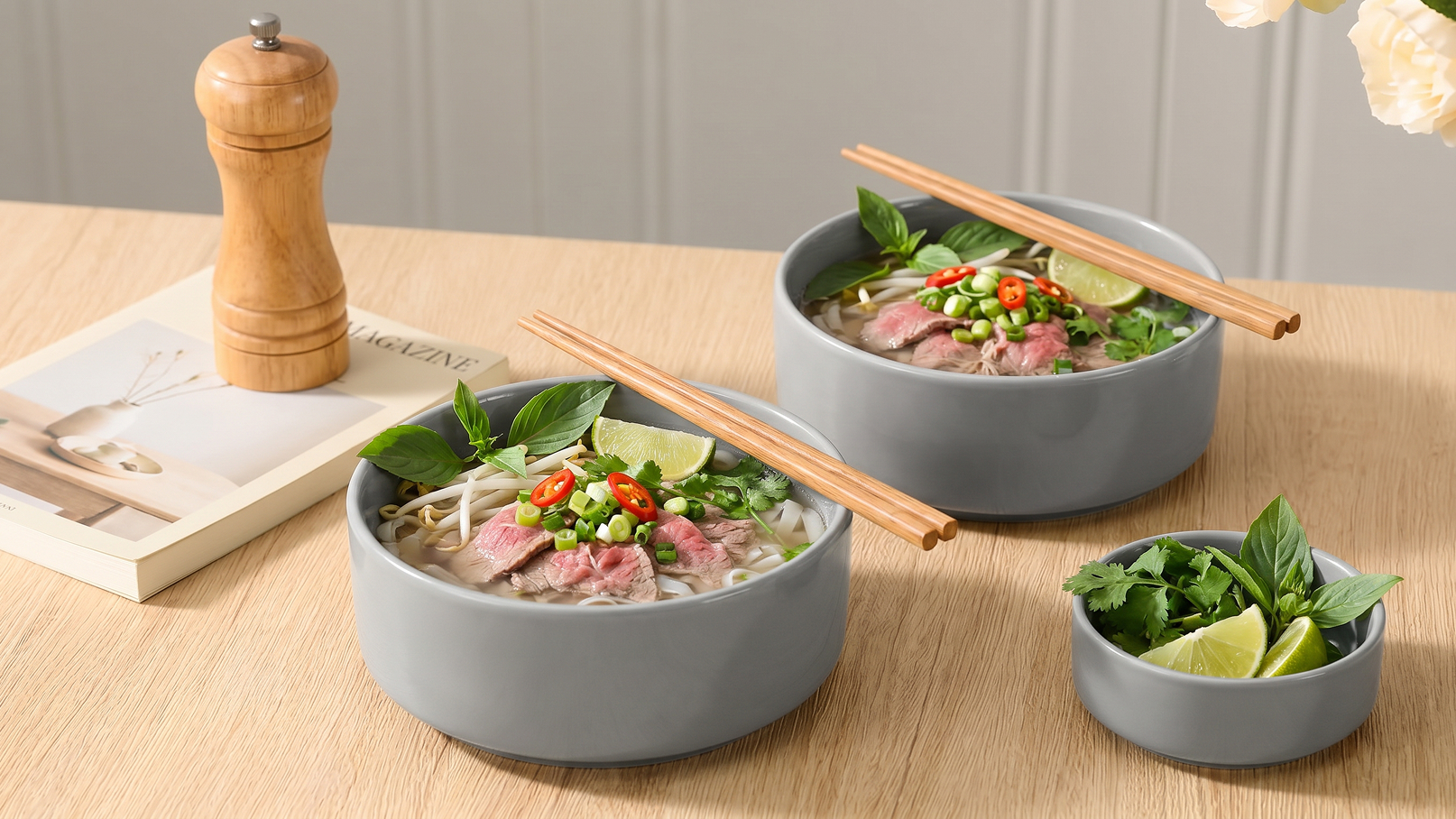 Zwei Schalen mit Pho, gefüllt mit Brühe, Rindfleisch, frischen Kräutern und roten Chilischoten, stehen auf einem Holztisch. Neben den Schalen liegen Essstäbchen. Eine kleine Schale mit Limettenstücken und eine Schale mit frischen Kräutern sind ebenfalls vorhanden.