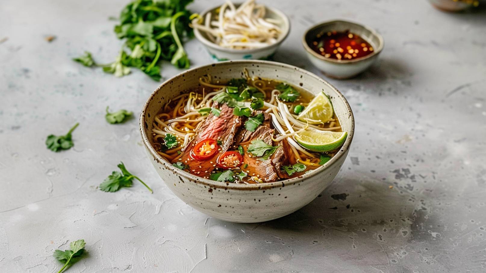 Eine Schüssel mit frisch zubereiteter Nudelsuppe, gefüllt mit Brühe, bunten Nudeln, zarten Fleischstücken und frischen Kräutern. Limettenscheiben, geschnittene Chilischoten und Sojabohnensprossen sind als Garnierung sichtbar. Im Hintergrund sind weitere Zutaten wie frisches Gemüse und eine kleine Schale mit dipsähnlicher Sauce zu sehen.