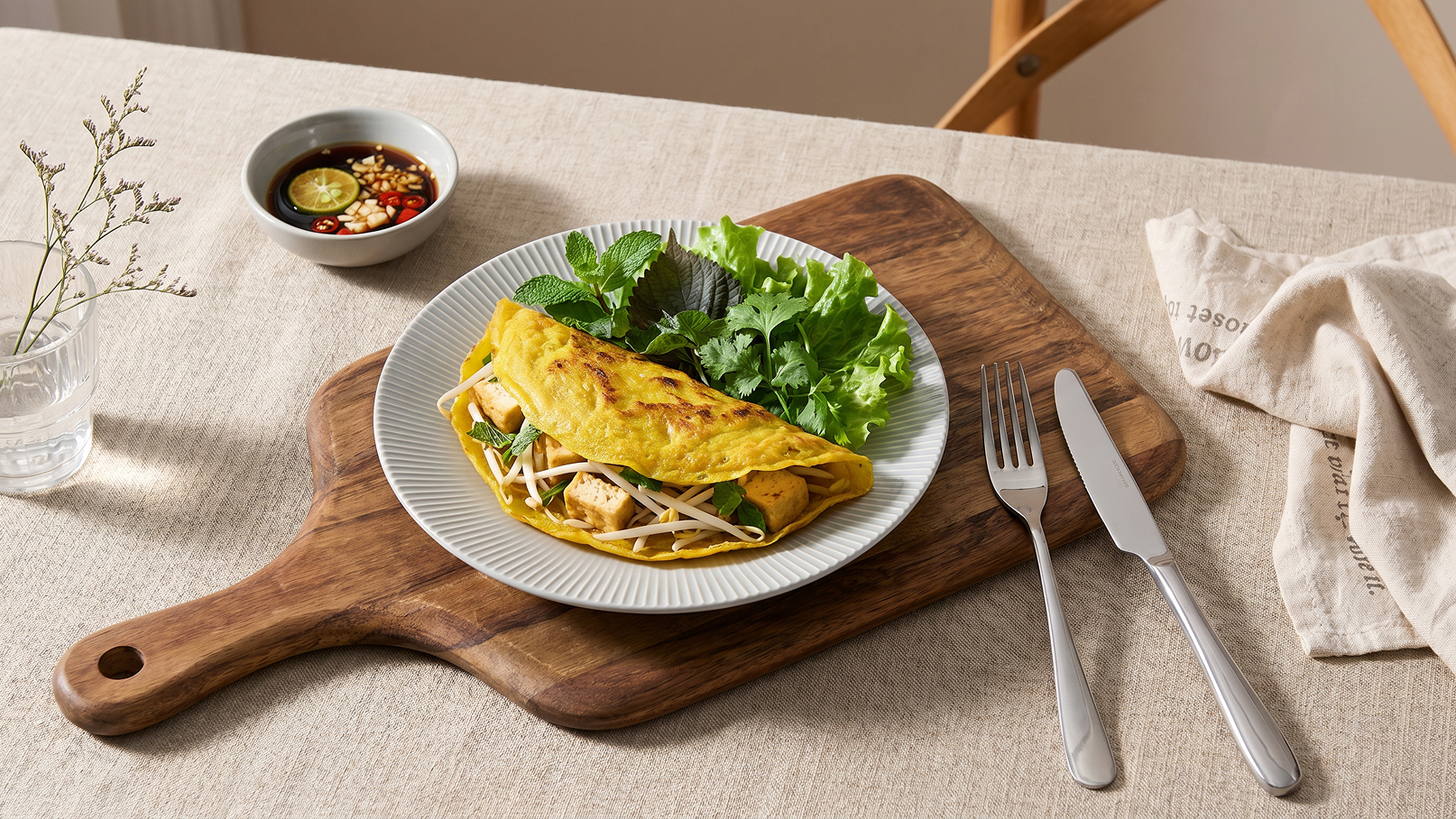 Ein Teller mit einer Omelette, gefüllt mit Gemüse und Hähnchenstücken, ist auf einem hölzernen Schneidebrett angerichtet. Daneben liegt frischer Salat. Im Hintergrund steht eine kleine Schüssel mit einer dunklen Sauce, die mit Chili und Limette verfeinert ist.