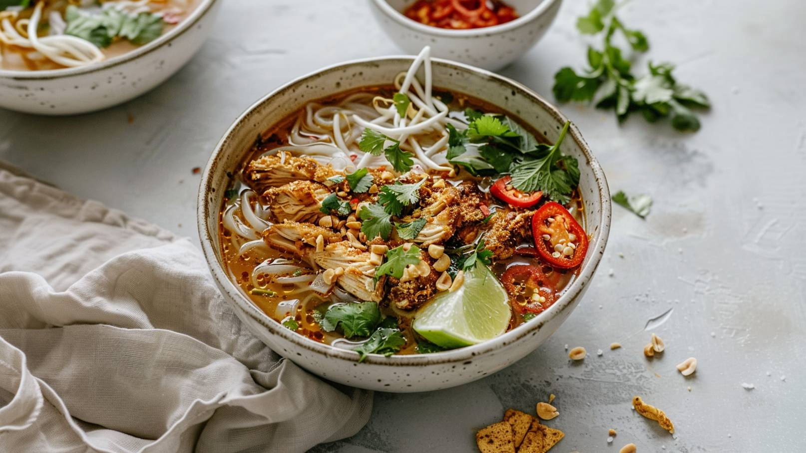 Eine Schüssel mit asiatischer Nudelsuppe, gefüllt mit Brühe, Hähnchenstücken, Reisnudeln, frischen Kräutern, roten Chilischoten und Erdnüssen. Eine Limettenscheibe ist neben der Suppe platziert. Im Hintergrund sind weitere Schalen mit separaten Zutaten zu sehen.
