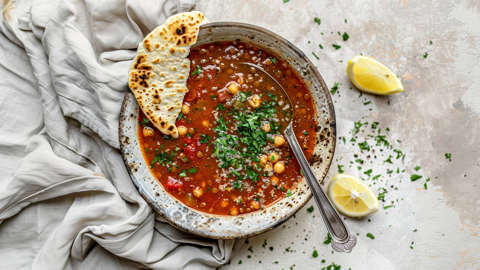 Eine Schüssel mit herzhafter Suppe, die mit Kichererbsen, Tomaten und frischer Petersilie garniert ist. Neben der Schüssel liegt ein Stück Fladenbrot. Am Rand sind einige Zitronenscheiben sichtbar. Der Hintergrund ist hell und neutral.