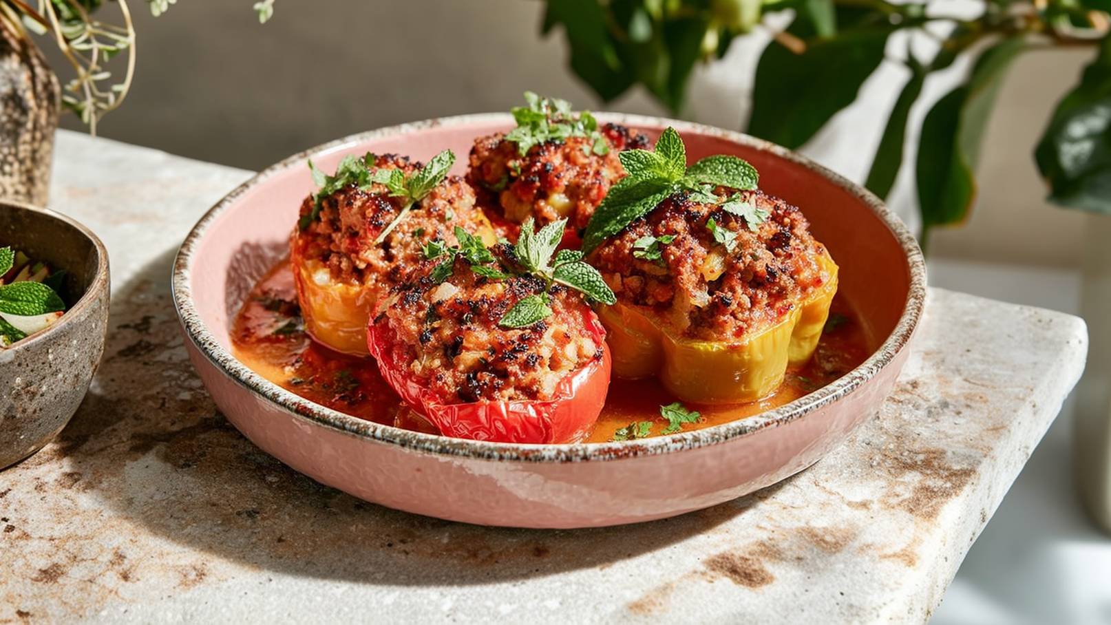 Eine flache Schüssel mit bunten gefüllten Paprikaschoten, die mit gewürztem Hackfleisch und frischen Kräutern belegt sind. Die rote und gelbe Paprika sind in einer leicht schimmernden Sauce angerichtet, umgeben von einer rustikalen Tischoberfläche. Die Speise wirkt appetitlich und einladend.