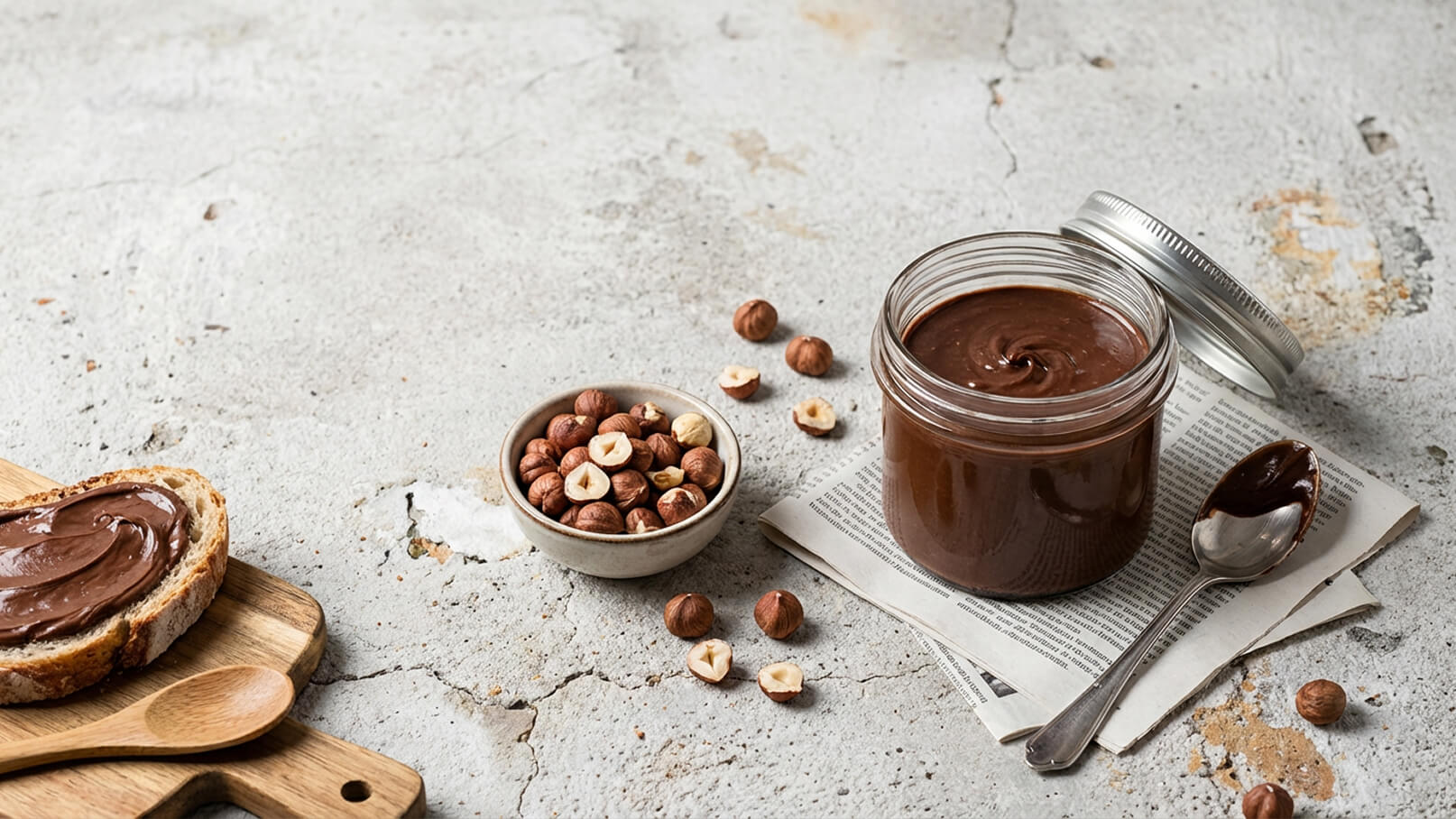 Auf einem Holzteller liegt ein Stück Brot mit einer cremigen Schokoladenspread. Daneben steht ein offenes Glas mit der gleichen Creme und ein Löffel. Im Hintergrund befindet sich eine Schale mit Haselnüssen und einige verstreute Nüsse um sie herum.