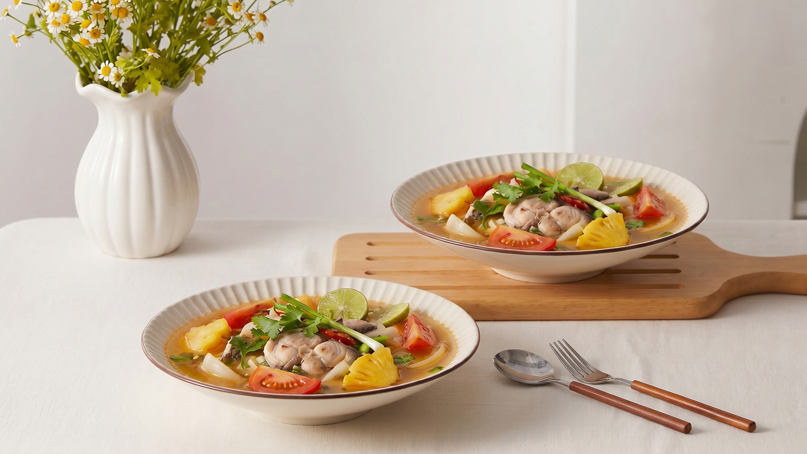 Zwei Schalen mit buntem Eintopfgericht, garniert mit frischen Kräutern, Tomaten und Ananasstücken. Daneben liegt ein Holzbrett mit Besteck. Im Hintergrund steht eine Vase mit kleinen Fliederblüten.