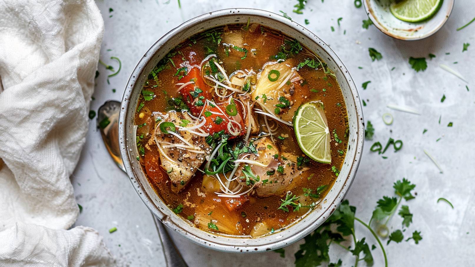 Schüssel mit herzhafter Suppe, gefüllt mit Stückchen von Fisch, Gemüse und frischen Kräutern. Die Suppe ist mit feinen Nudeln und einer Limettenscheibe garniert. Darum liegen einige geschnittene Frühlingszwiebeln und Korianderblätter.