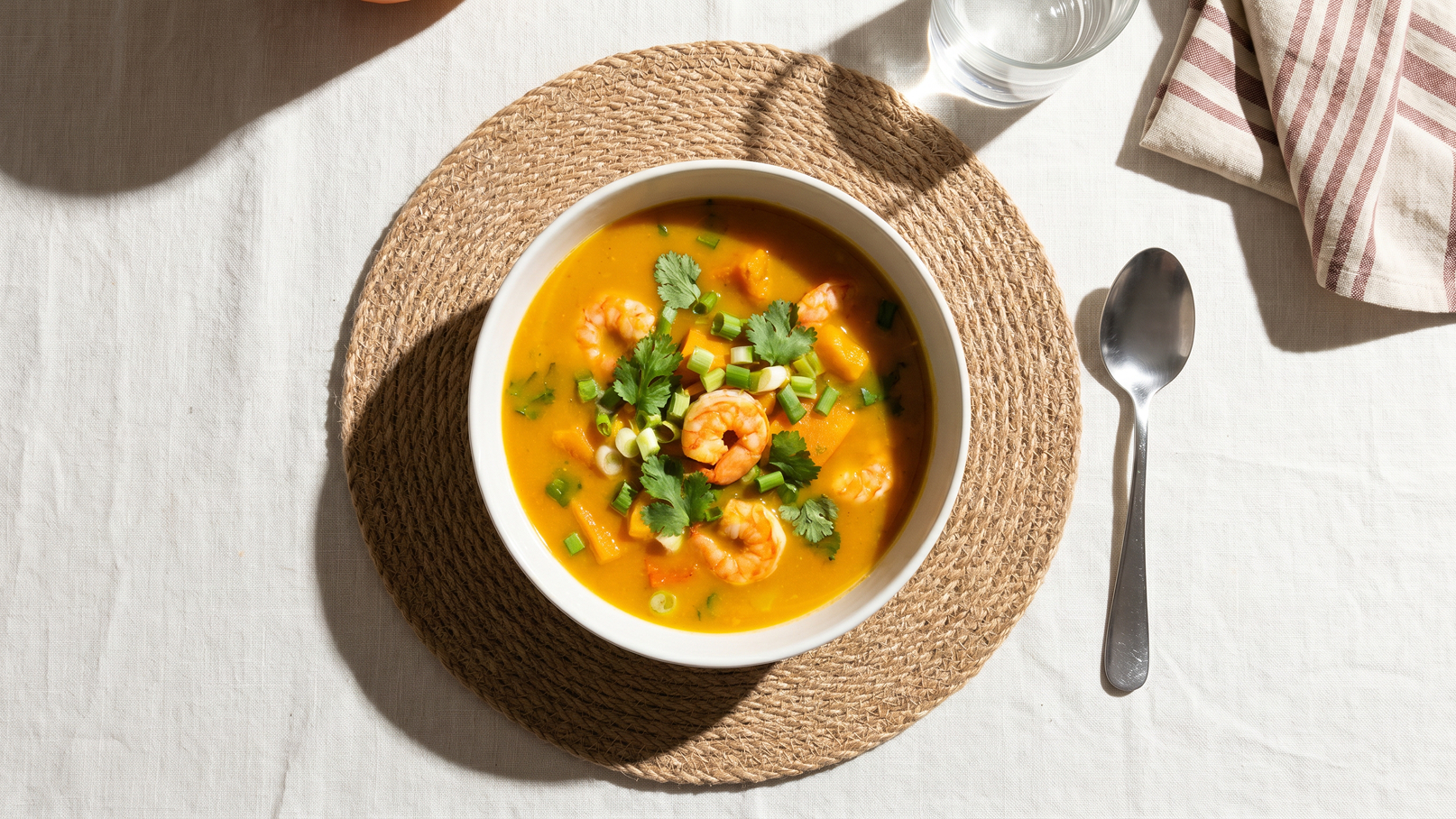 Eine Schale mit cremiger, orangefarbener Suppe, garniert mit Garnelen, frischem Koriander und gehackten Frühlingszwiebeln. Die Schale steht auf einem runden, geflochtenen Untersetzer auf einem hellen Tisch. Daneben liegt ein Löffel und ein Glas Wasser.