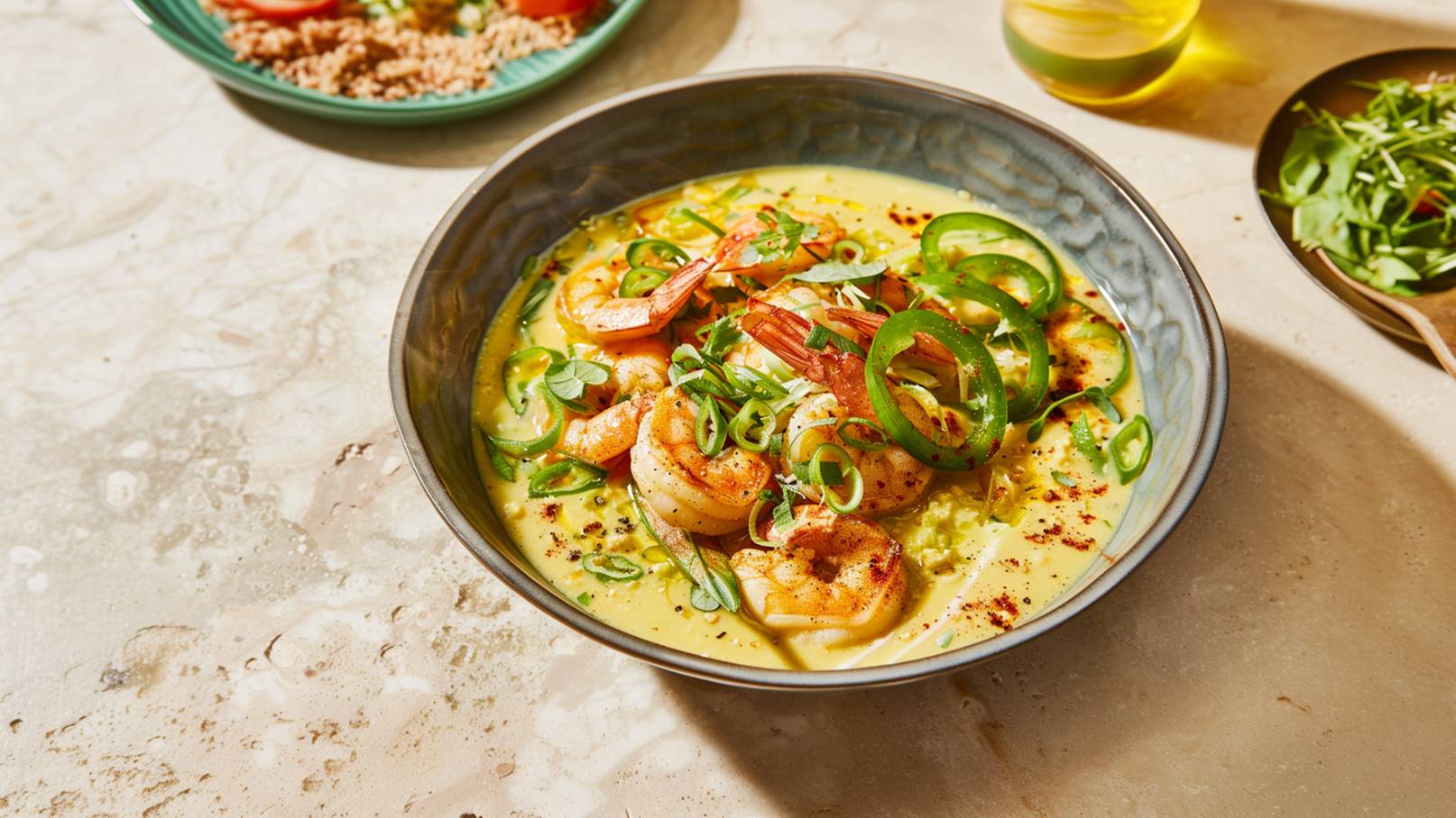 Eine Schüssel mit einer cremigen, gelben Sauce, garniert mit großen, gebratenen Garnelen, frischen Frühlingszwiebeln und grünen Chilischoten. Im Hintergrund ist ein Teller mit Salat und einige Öltropfen sichtbar.