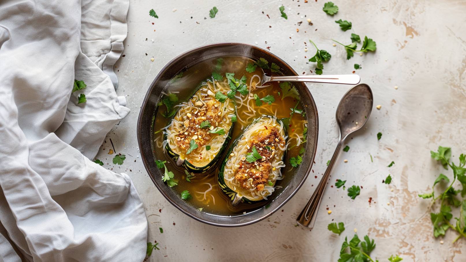 Eine Schüssel mit Brühe und Nudeln, darin zwei gefüllte Zucchinihälften. Die Zucchini sind mit einer knusprigen Kruste und frischem Koriander garniert. Um die Schüssel herum sind einige Kräuterblätter und Gewürze verstreut. Ein Löffel liegt neben der Schüssel.
