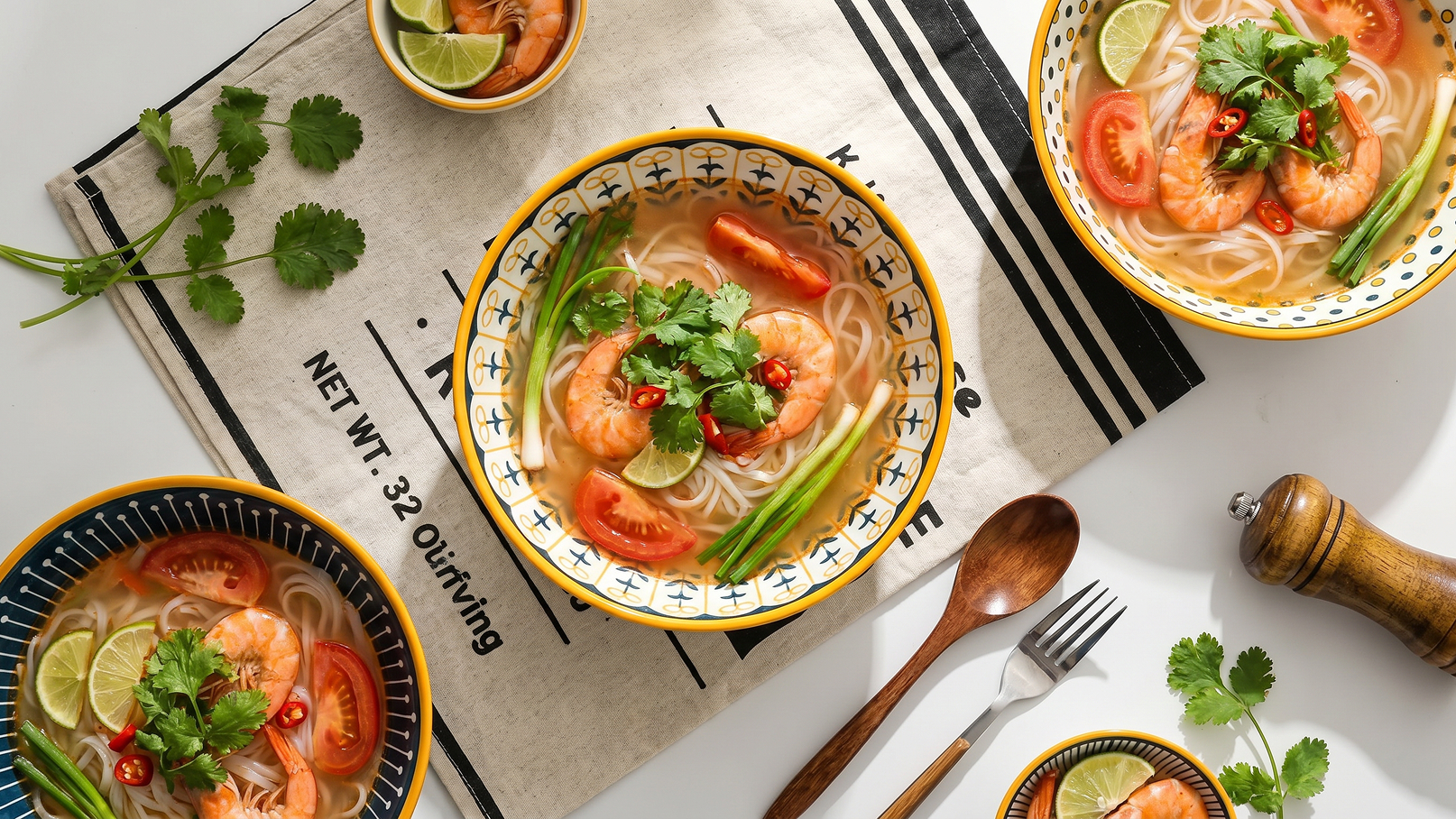 Drei Schalen mit einer Schalen-Nudelsuppe sind auf einem Tisch angeordnet. Die Suppe enthält Garnelen, Tomaten, Limettenscheiben und frische Kräuter. In der Nähe befinden sich ein Holzlöffel, eine Gabel und einige Kräuterblätter auf einem hellen Untergrund.