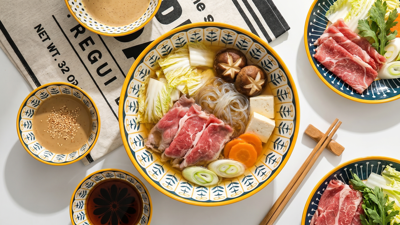 Eine große Schüssel mit heißer Suppe enthält Rindfleisch, Gemüse wie Kohl, Karotten und Pilze sowie Glasnudeln. Daneben stehen kleinere Schalen mit Erdnusssauce und Beilagen. Chopsticks sind auf dem Tisch platziert.