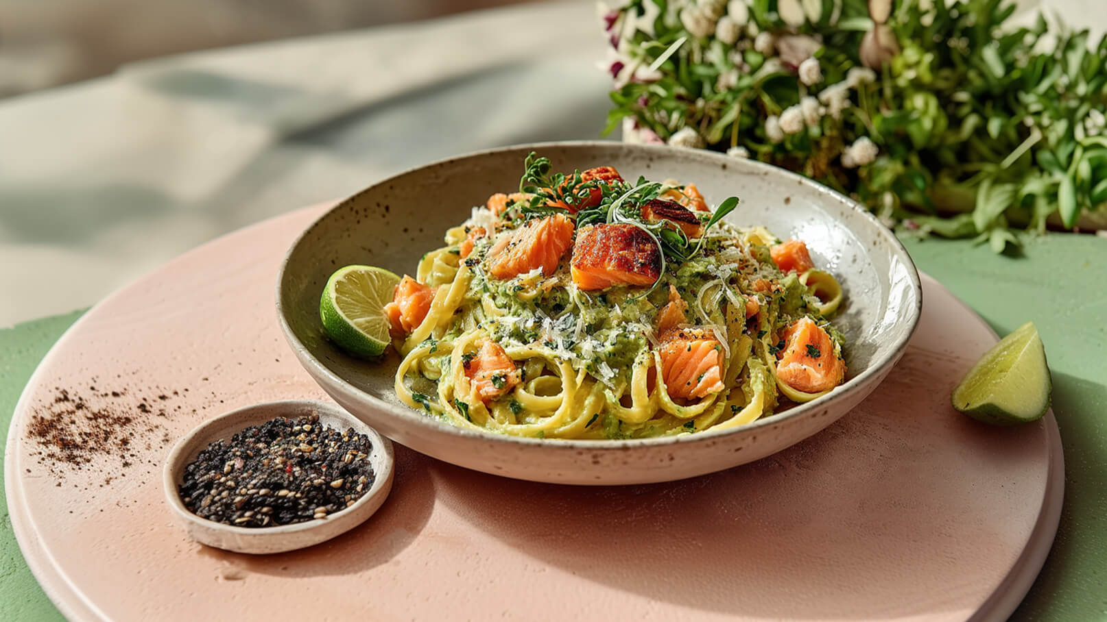 Ein Teller frischer Pasta mit Lachsstücken ist mit grünem Pesto und Parmesan garniert. Neben dem Teller befindet sich eine Limette und eine kleine Schale mit schwarzem Sesam. Die Präsentation wirkt appetitlich und einladend.