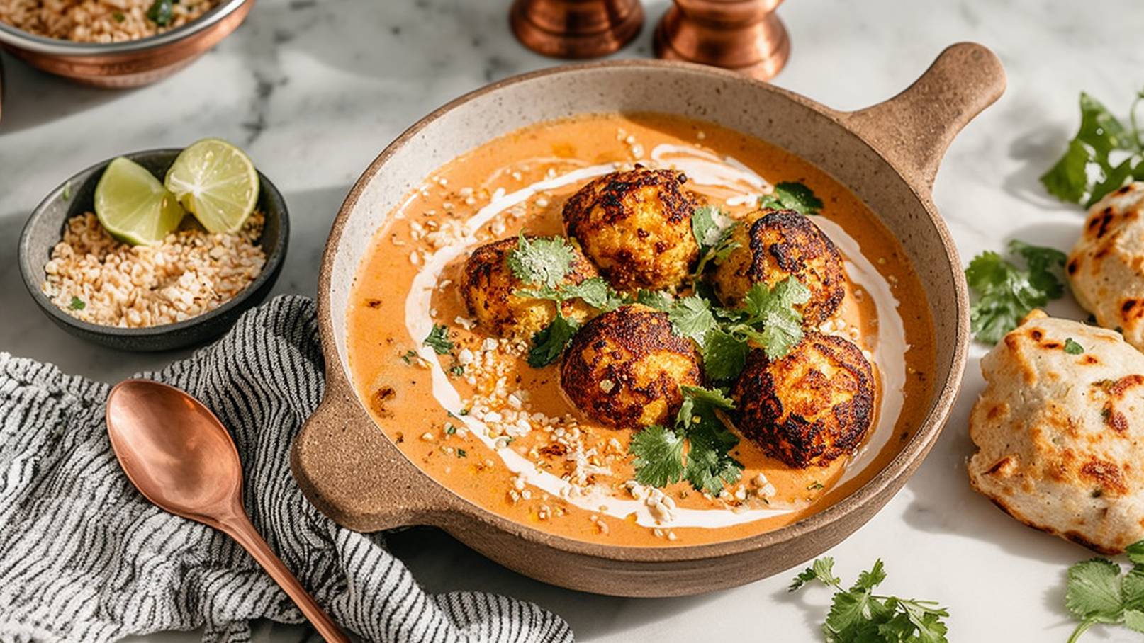 Eine Schüssel mit cremigem Curry, in dem sich mehrere goldbraune, gebratene Bällchen befinden. Das Gericht ist mit frischen Korianderblättern, einer Sahnespirale und Erdnüssen garniert. Neben der Schüssel liegen Limettenschnitze und ein gefaltetes Geschirrtuch.