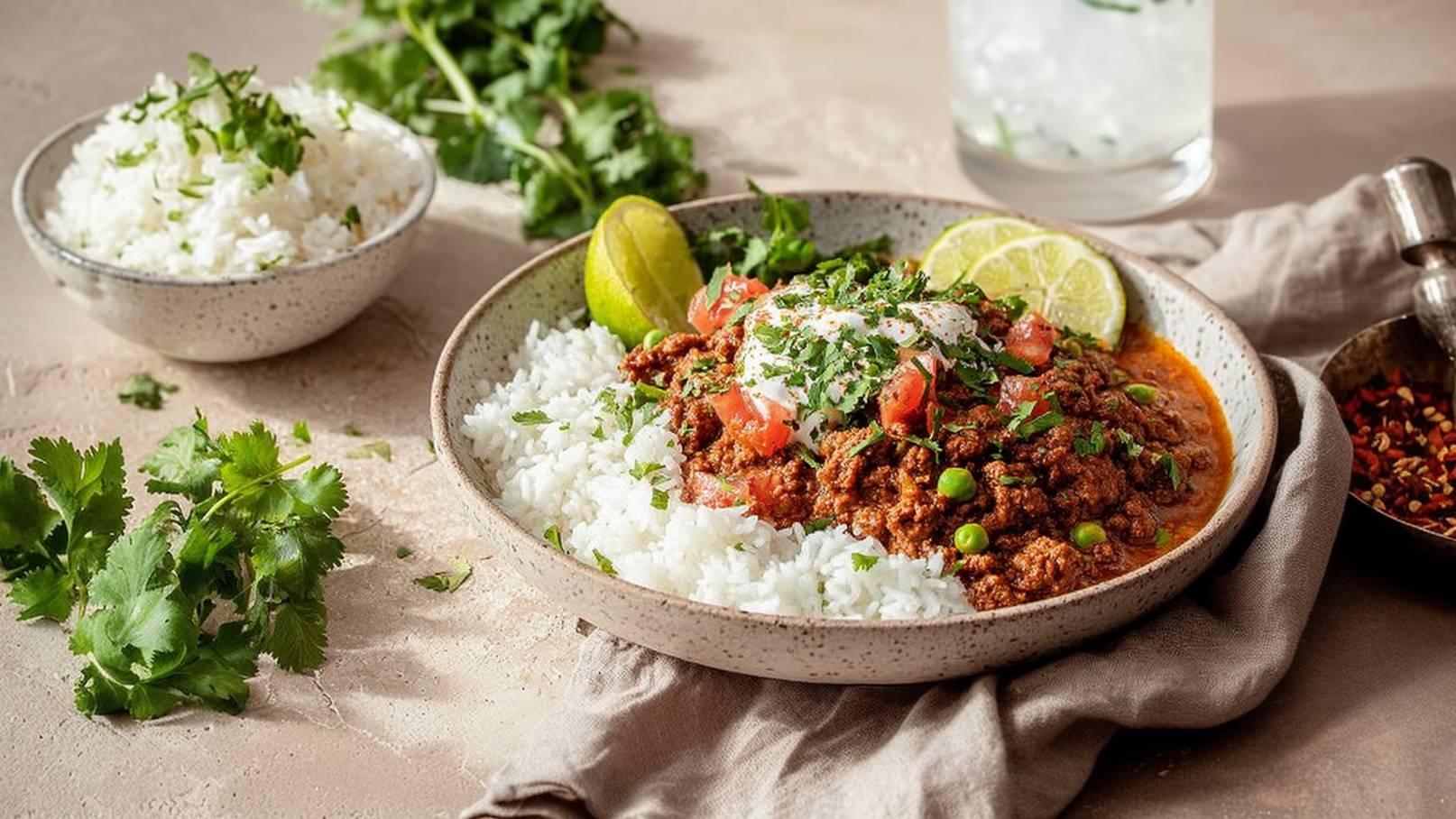 Eine Schüssel mit Reis und einer würzigen Fleischsoße, die mit frischen Kräutern, Tomatenstücken und einem Klecks Joghurt garniert ist. Lime-Scheiben liegen auf dem Gericht. Im Hintergrund sind zusätzliche Schalen mit Reis und frischen Kräutern zu sehen.