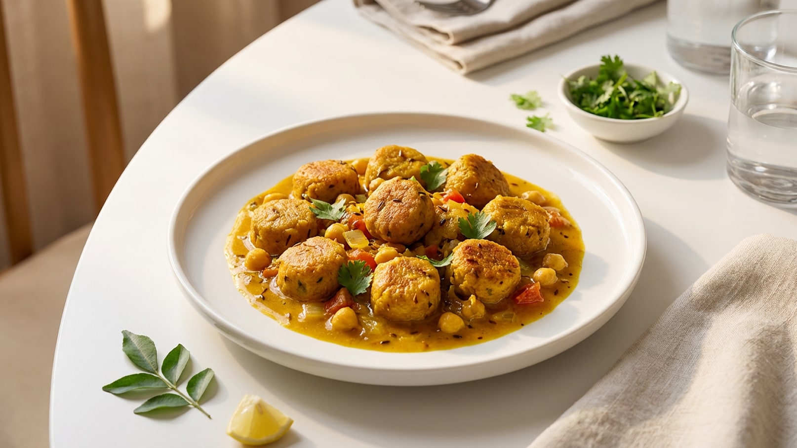 Ein Teller mit aromatischen Knödeln in einer würzigen Sauce, umgeben von Kichererbsen und Tomatenstücken. Frische Korianderblätter garnieren das Gericht. Im Hintergrund befinden sich ein Glas Wasser und eine kleine Schüssel mit Kräutern.