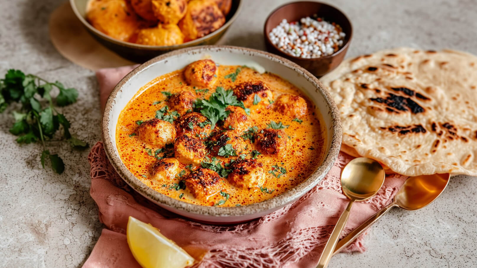 Eine Schüssel mit aromatischem Curry, das kleine, runde Klöße enthält, ist mit frischem Koriander garniert. Daneben liegt ein weiches Fladenbrot und eine kleine Schale mit Gewürzen. Im Hintergrund sind weitere Kloßgerichte sichtbar. Ein Stück Zitrone ergänzt die Präsentation.