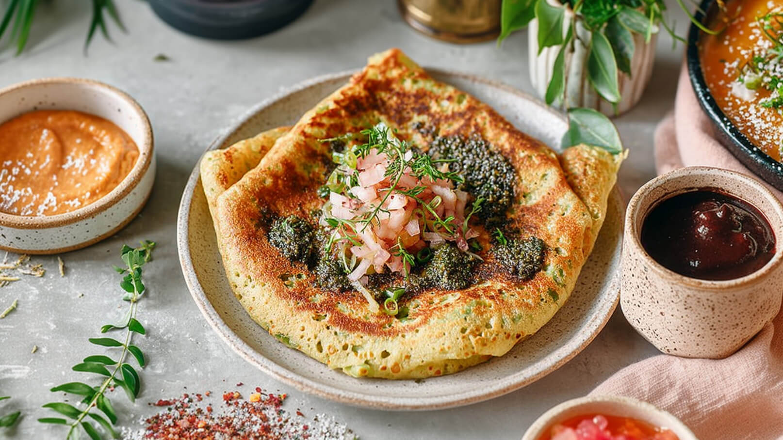 Ein Teller mit knusprigem, gefaltetem Crepe, der mit grünem Pesto und gehackten Zwiebeln belegt ist. Daneben ein Schälchen mit cremiger, oranger Sauce und eine kleine Schüssel mit dunkler, süßer Sauce. Der Hintergrund zeigt ein dekoratives Element, das für eine einladende Atmosphäre sorgt.