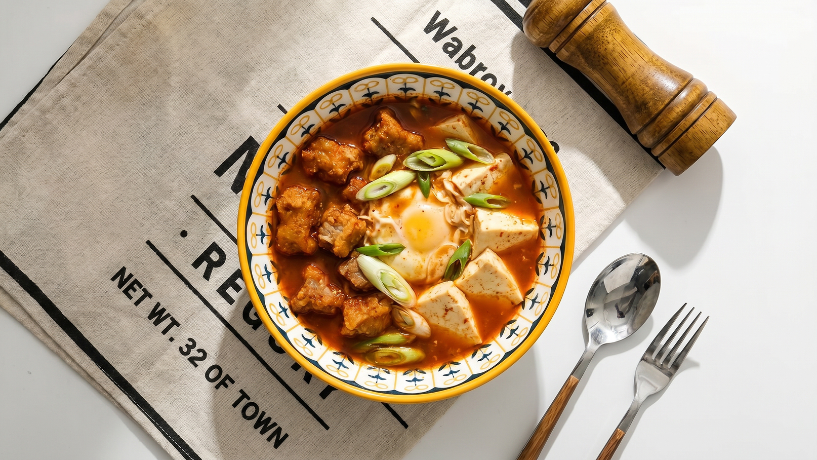 Eine Schüssel mit würzigem Eintopf, gefüllt mit stückigem Fleisch, Tofu und grünen Zwiebeln, steht auf einem neutralen Untergrund. Neben der Schüssel sind Besteck und eine Pfeffermühle platziert. Das Gericht hat eine satte, rötliche Farbe.