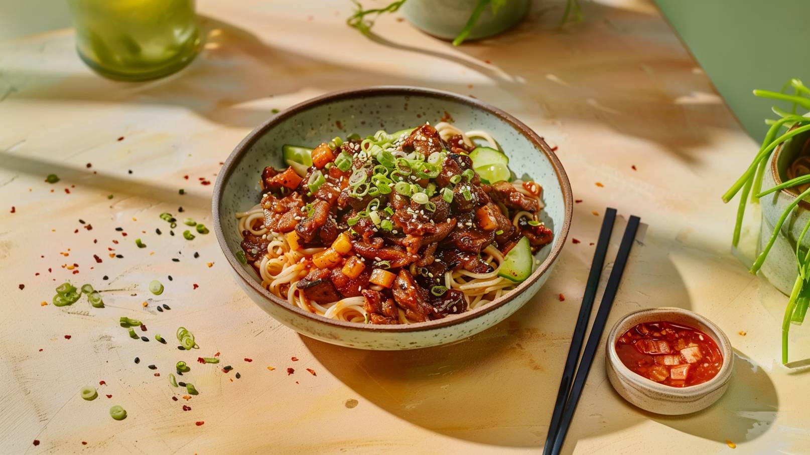 Eine Schüssel mit Nudeln, belegt mit mariniertem Fleisch, Gemüse und Frühlingszwiebeln. Die Speise wird mit Sesam bestreut und ist von frischen Essenszutaten umgeben. Neben der Schüssel befindet sich eine kleine Schale mit Sauce und Essstäbchen.