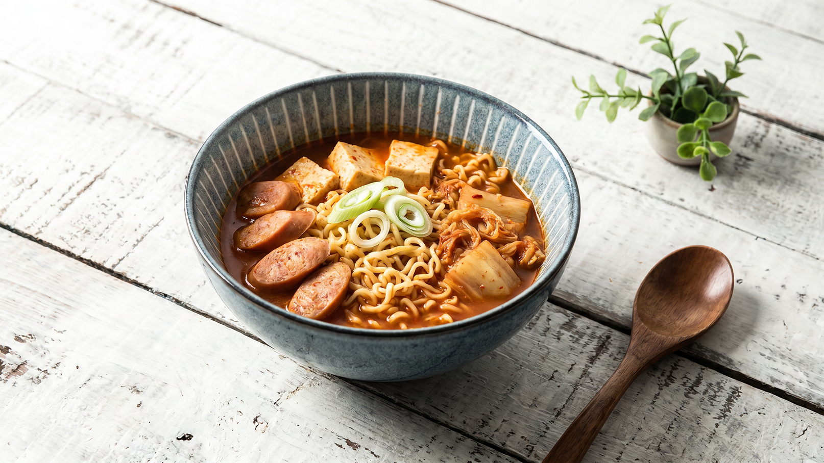 Eine Schüssel mit Nudelsuppe, die gekochte Nudeln, Würstchen, Tofu und Frühlingszwiebeln enthält. Im Hintergrund steht eine kleine Pflanze. Die Schüssel hat ein elegantes, blaues Design und die Suppe hat eine appetitliche, würzige Farbe.