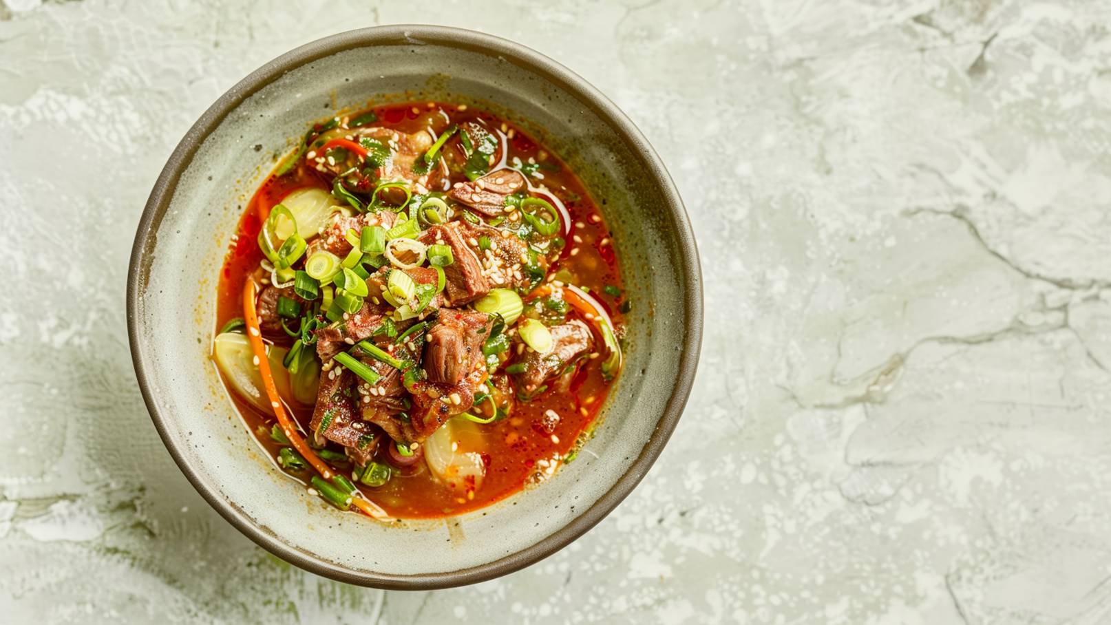 Eine tiefbraune Schüssel enthält eine würzige Suppe mit zarten Fleischstücken, frischen Frühlingszwiebeln und buntem Gemüse. Die Brühe ist rot und mit Sesam bestreut, umgeben von einer hellen, strukturierten Oberfläche.