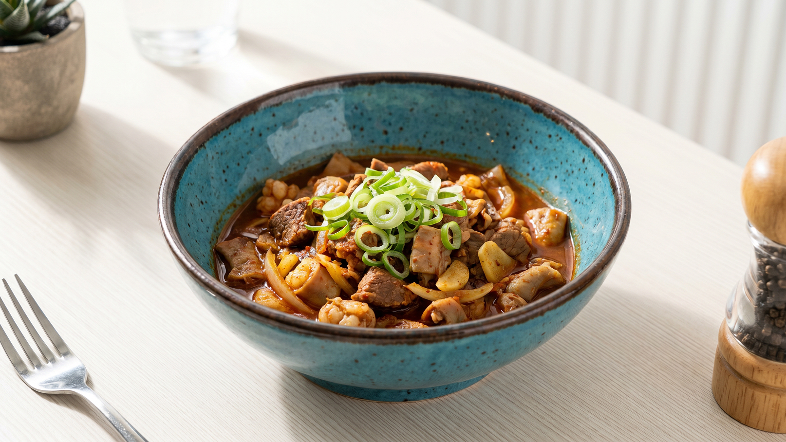 Eine turquoise Schüssel enthält ein herzhaftes Gericht mit Stückchen von Fleisch, Gemüse und Gewürzen, garniert mit frischen Frühlingszwiebeln. Die Schüssel steht auf einem hellen Tisch, daneben liegt ein Besteck.