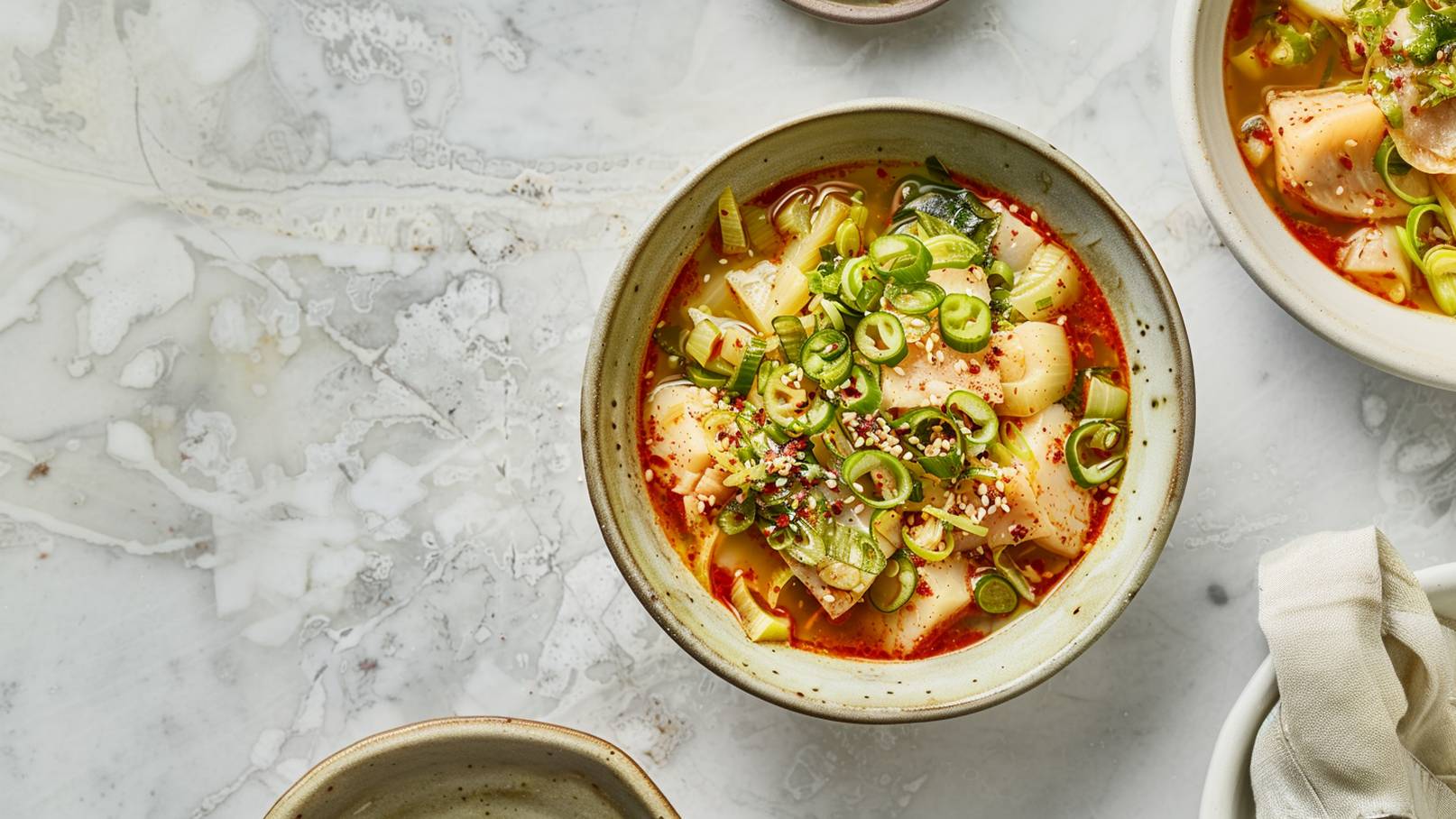 Eine Schüssel mit Brühe enthält verschiedene Gemüsestücke, darunter Zwiebeln, Grünkohl und Nudeln. Die Suppe ist mit frischen, grünen Frühlingszwiebeln und Gewürzen garniert. Der Hintergrund ist eine helle, marmorierte Oberfläche.