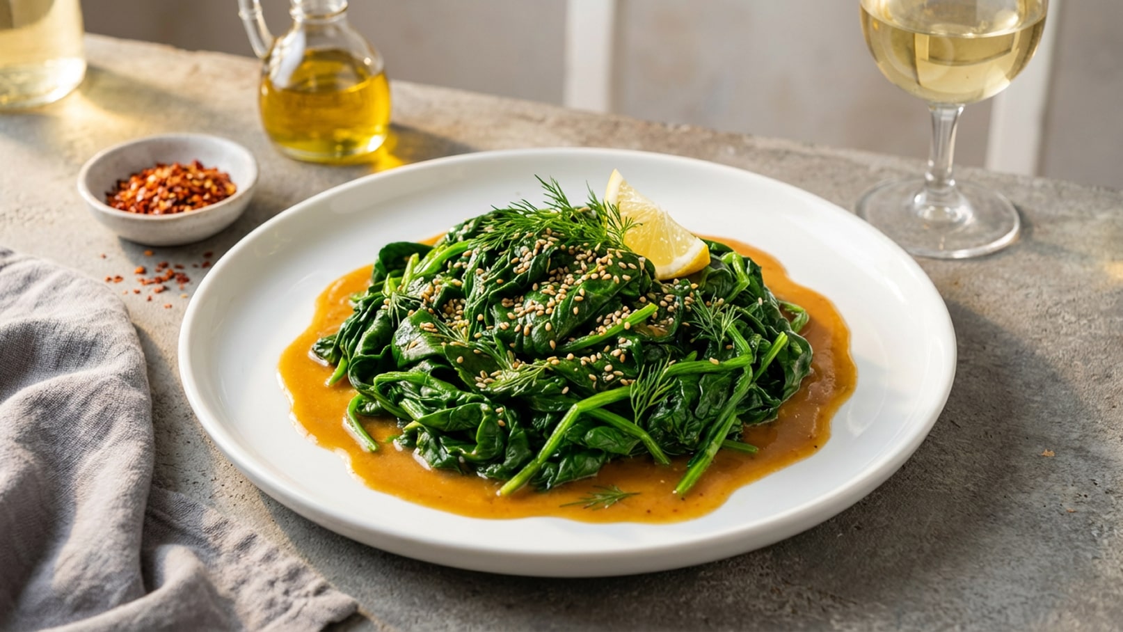 Ein Teller mit frisch zubereitetem Spinat, garniert mit Sesam und frischem Dill, liegt in einer cremigen Sauce. Eine Zitronenscheibe hebt das Gericht hervor. Daneben befindet sich ein Glas Weißwein und eine Schüssel mit Chiliflocken.