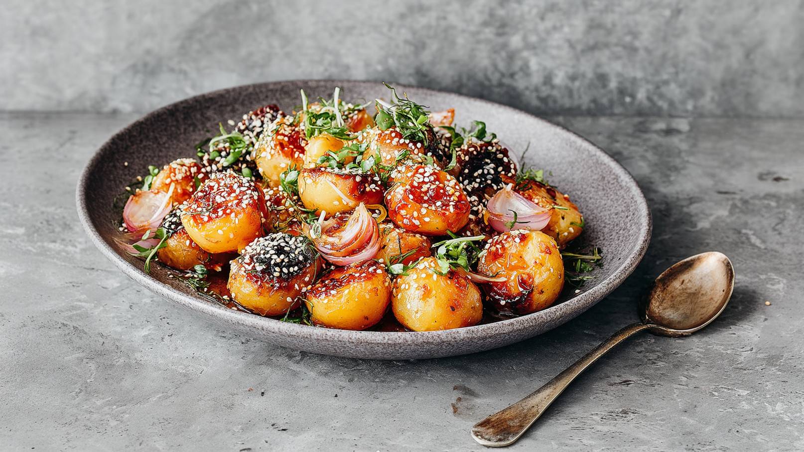 Ein schüsselvoll gebratene Kartoffeln, glasiert und mit frischen Kräutern und Sesam bestreut. Die Kartoffeln zeigen eine goldene Farbe und sind teilweise knusprig. Rote Zwiebeln ergänzen das Gericht, das appetitlich und ansprechend wirkt.
