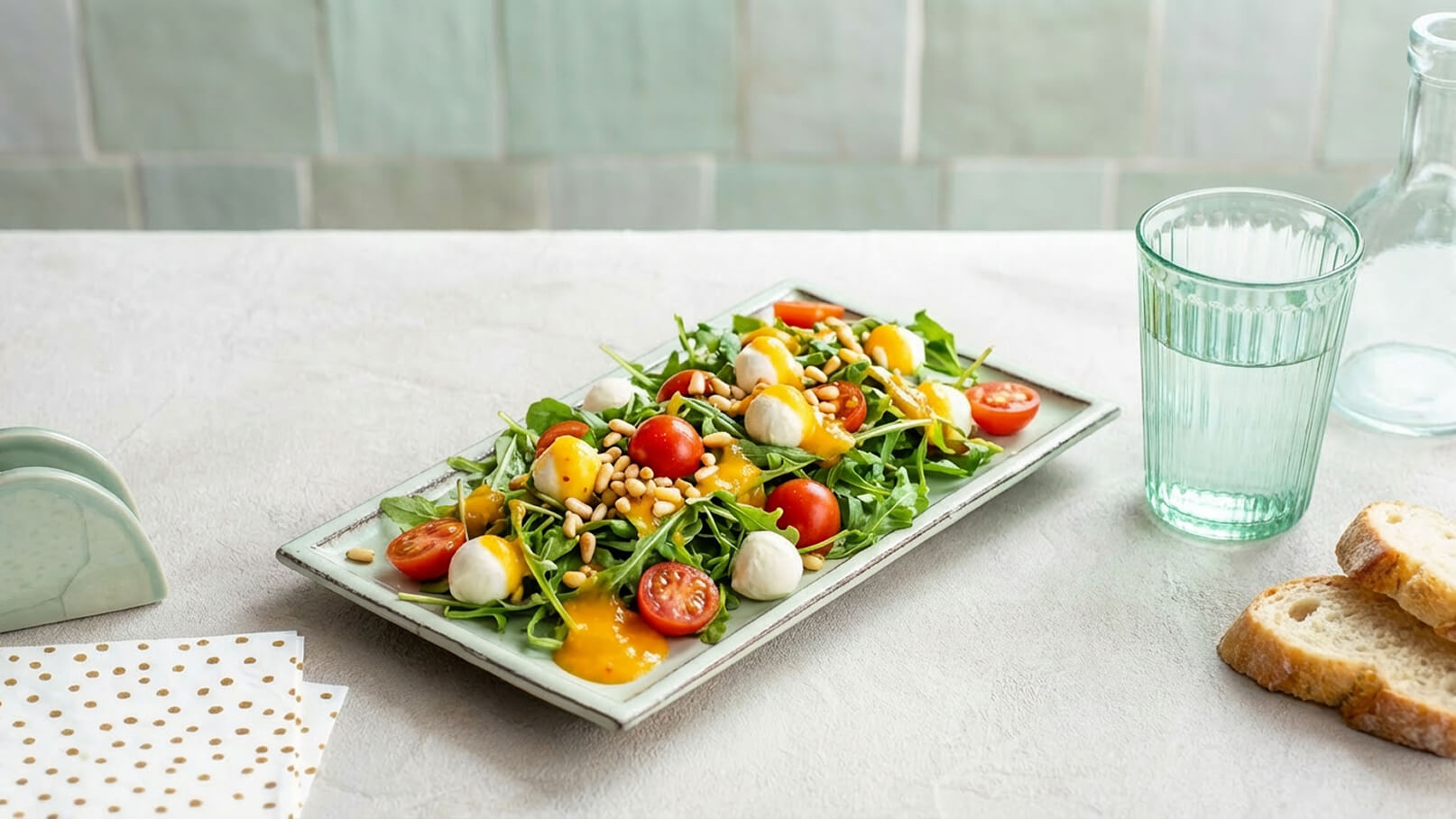 Ein Teller mit frischem Salat aus Rucola, Kirschtomaten, Mozzarella und Pinienkernen. Darauf liegt eine süß-säuerliche Sauce. Daneben stehen ein Glas Wasser und etwas Brot auf einem Tisch mit hellem Tischdecken.