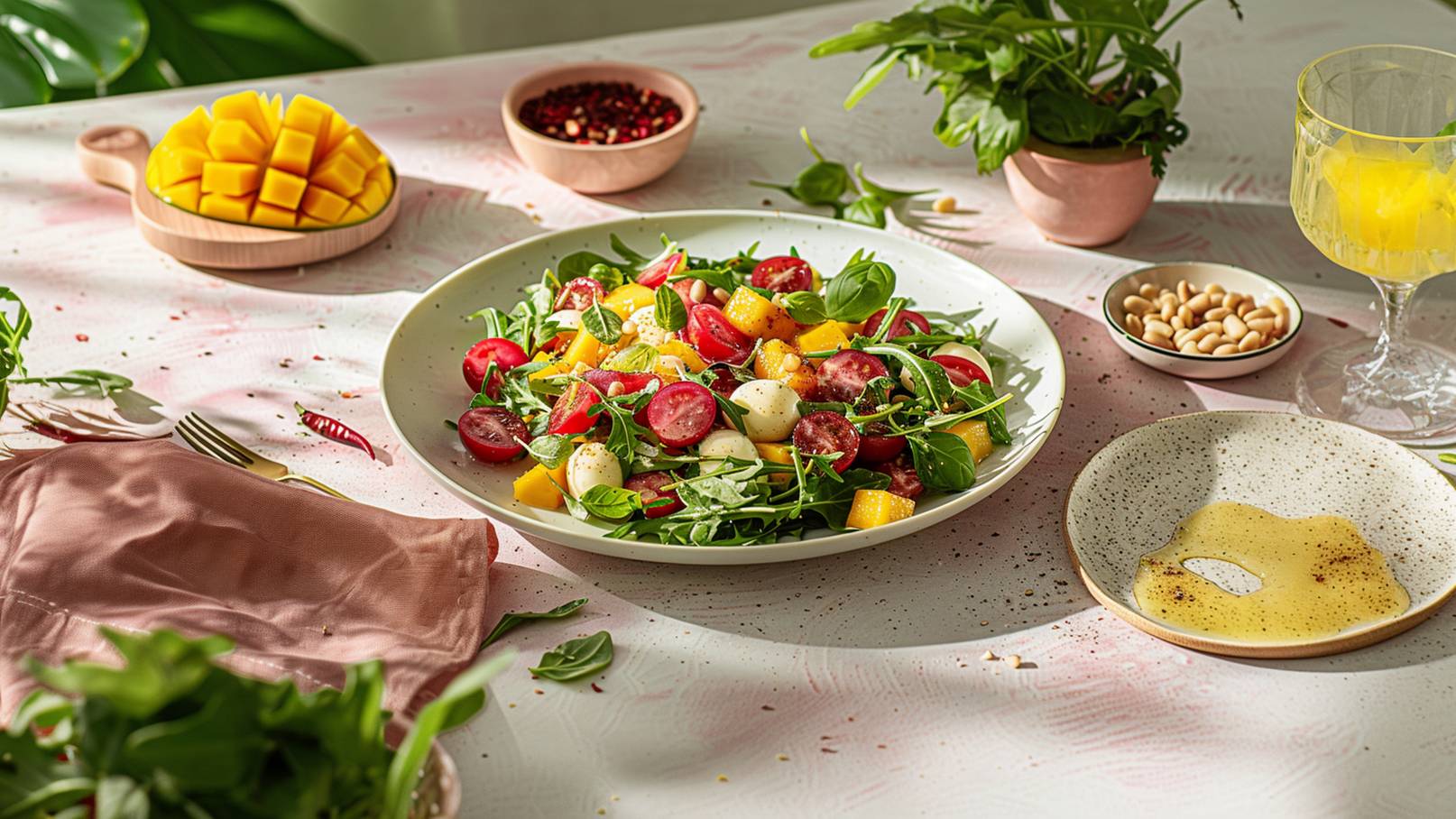 Ein frischer Salat aus Rucola, Cherry-Tomaten, Mozzarella, Mangowürfeln und Pinienkernen ist auf einem weißen Teller angerichtet. Der Tisch ist mit einem zarten rosa Tischdeckenmuster dekoriert, umgeben von einer kleinen Schüssel mit Nüssen und einer Glaskaraffe mit einer gelben Flüssigkeit.