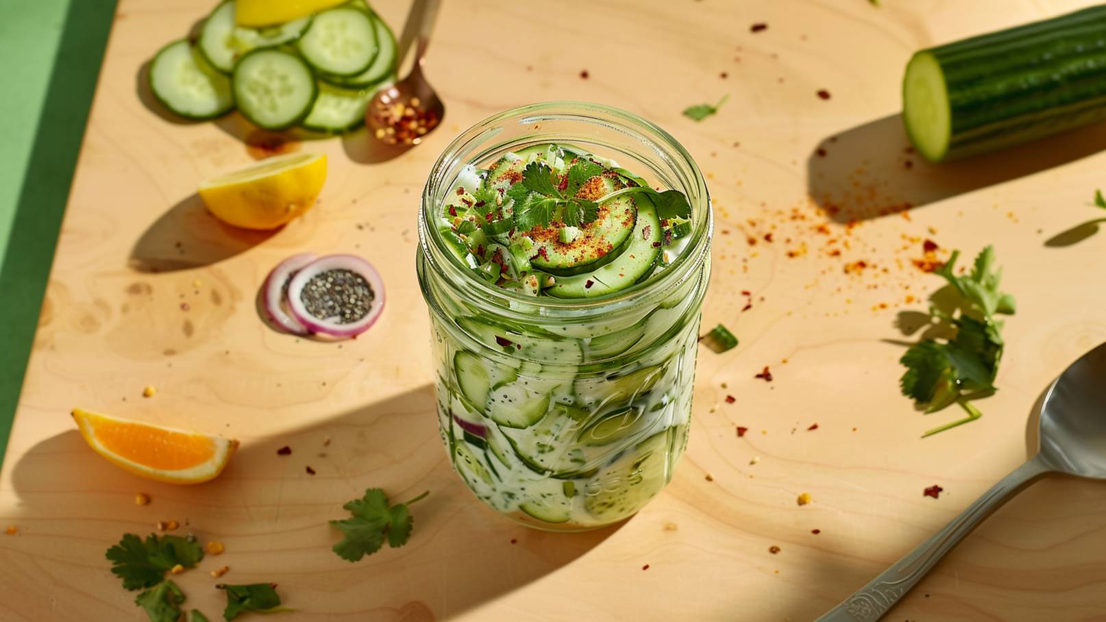 Ein Glas mit eingelegten Gurkenscheiben, garniert mit frischem Koriander und roten Pfefferflocken. Im Hintergrund liegen dünn geschnittene Zwiebeln, Zitronen- und Orangenscheiben sowie unbehandelte Gurkenstücke auf einem Holzbrett. Die Szene vermittelt Frische und eine sommerliche Atmosphäre.