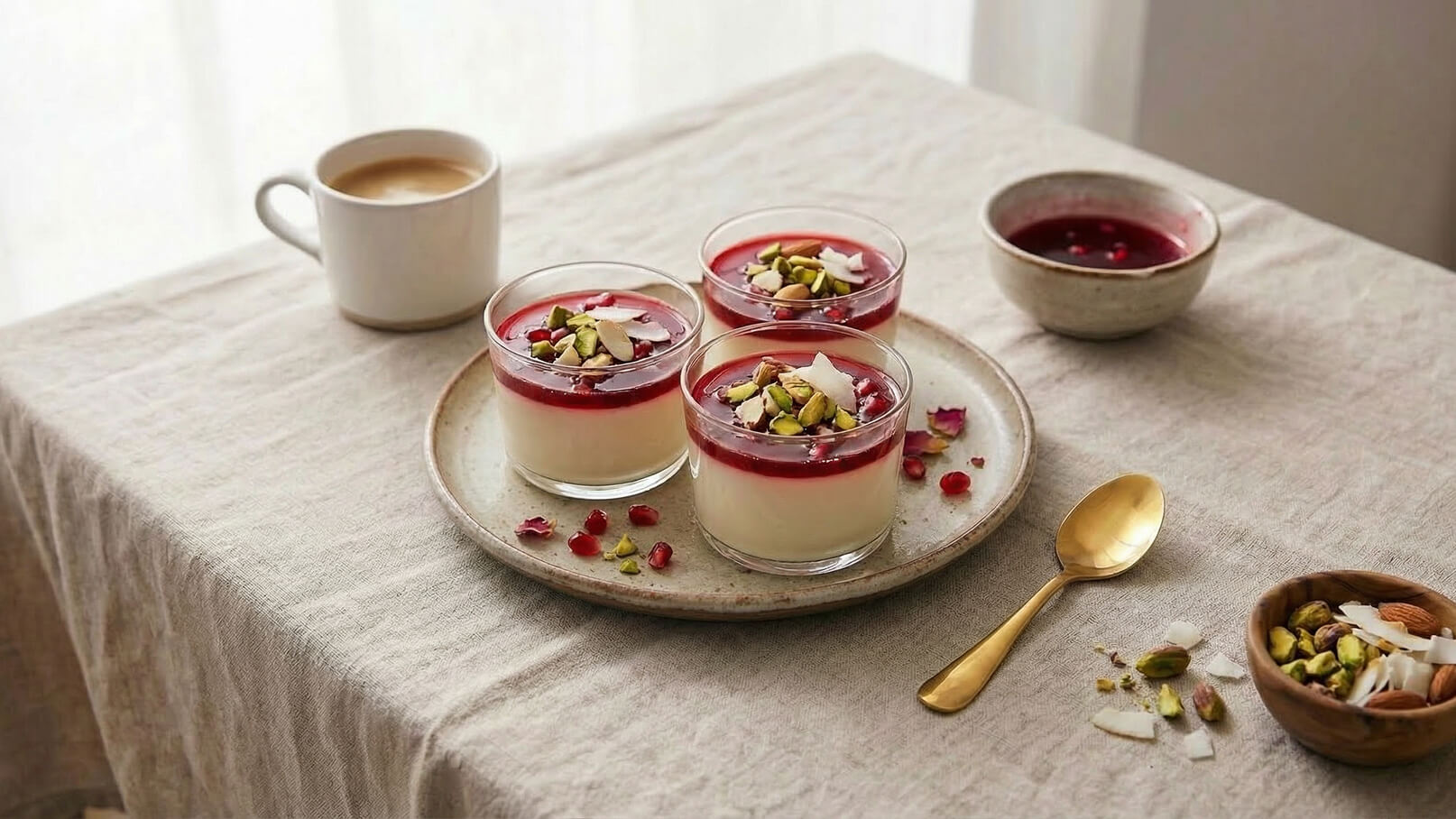 Auf einem Tisch stehen drei Gläser mit Pudding. Der Pudding hat eine weiße Basis, bedeckt mit rotem Fruchtgelee und verziert mit gehackten Pistazien und Kokosflocken. Neben den Gläsern befindet sich eine Tasse Kaffee und eine kleine Schale mit Nüssen.