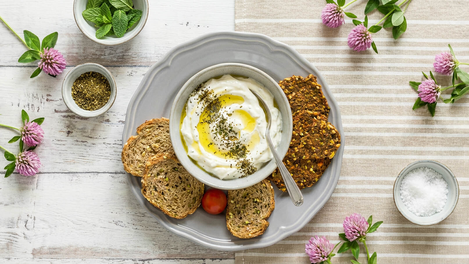 Ein graues Teller mit einem kleinen Schüsselchen griechischem Joghurt, garniert mit Olivenöl und Gewürzen. Um den Joghurt liegen mehrere Brotscheiben und einige Snacks. Im Hintergrund sind frische Kräuter und essbare Blumen auf einem gestreiften Untergrund verteilt.