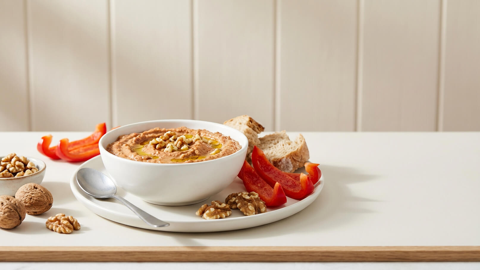 Eine Schüssel mit cremigem Dip, garniert mit Walnüssen, steht auf einem Teller. Neben der Schüssel sind frische Paprikastreifen und Stücke von Brot platziert. Ein Löffel liegt neben der Schüssel.
