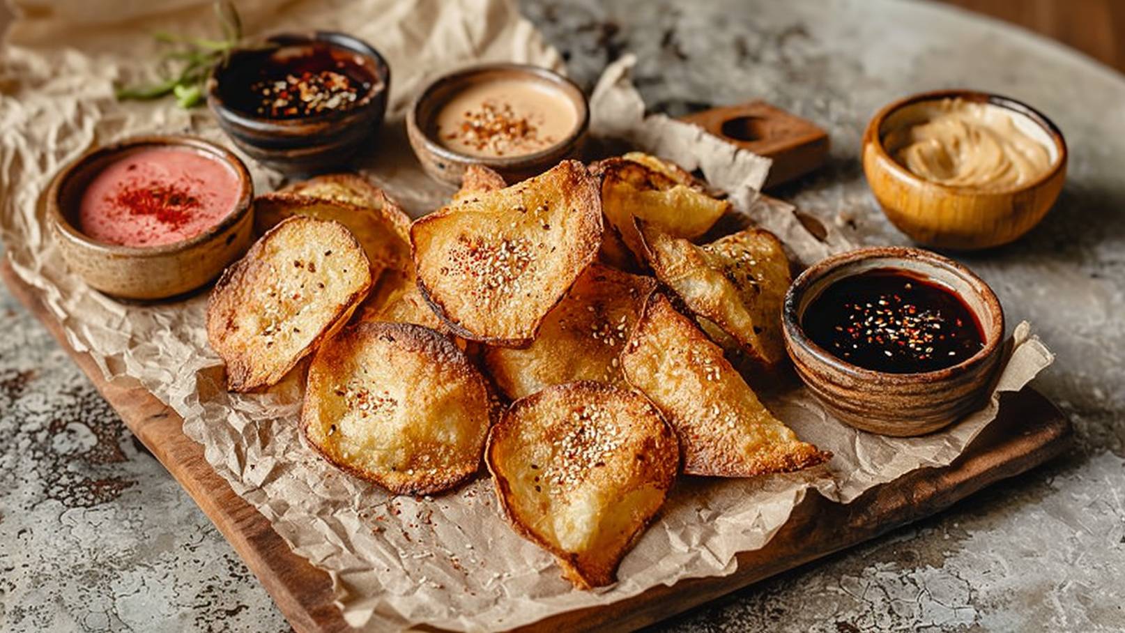 Ein Holzbrett mit goldbraun gebratenen Chips, die mit Sesam bestreut sind. Daneben befinden sich mehrere kleine Schalen mit verschiedenen Dips, darunter eine rosa, eine cremige und zwei dunkle Saucen. Einzelne Salatblätter liegen dekorativ um die Schalen.
