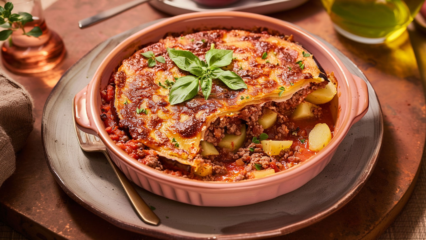 Ein rundes, tiefes Geschirr mit Lasagne ist auf einem eleganten Teller angerichtet. Die Lasagne enthält Fleisch, Kartoffeln und Tomatensauce, ist goldbraun überbacken und mit frischem Basilikum garniert. Im Hintergrund sind andere Küchenobjekte und ein Glas sichtbar.