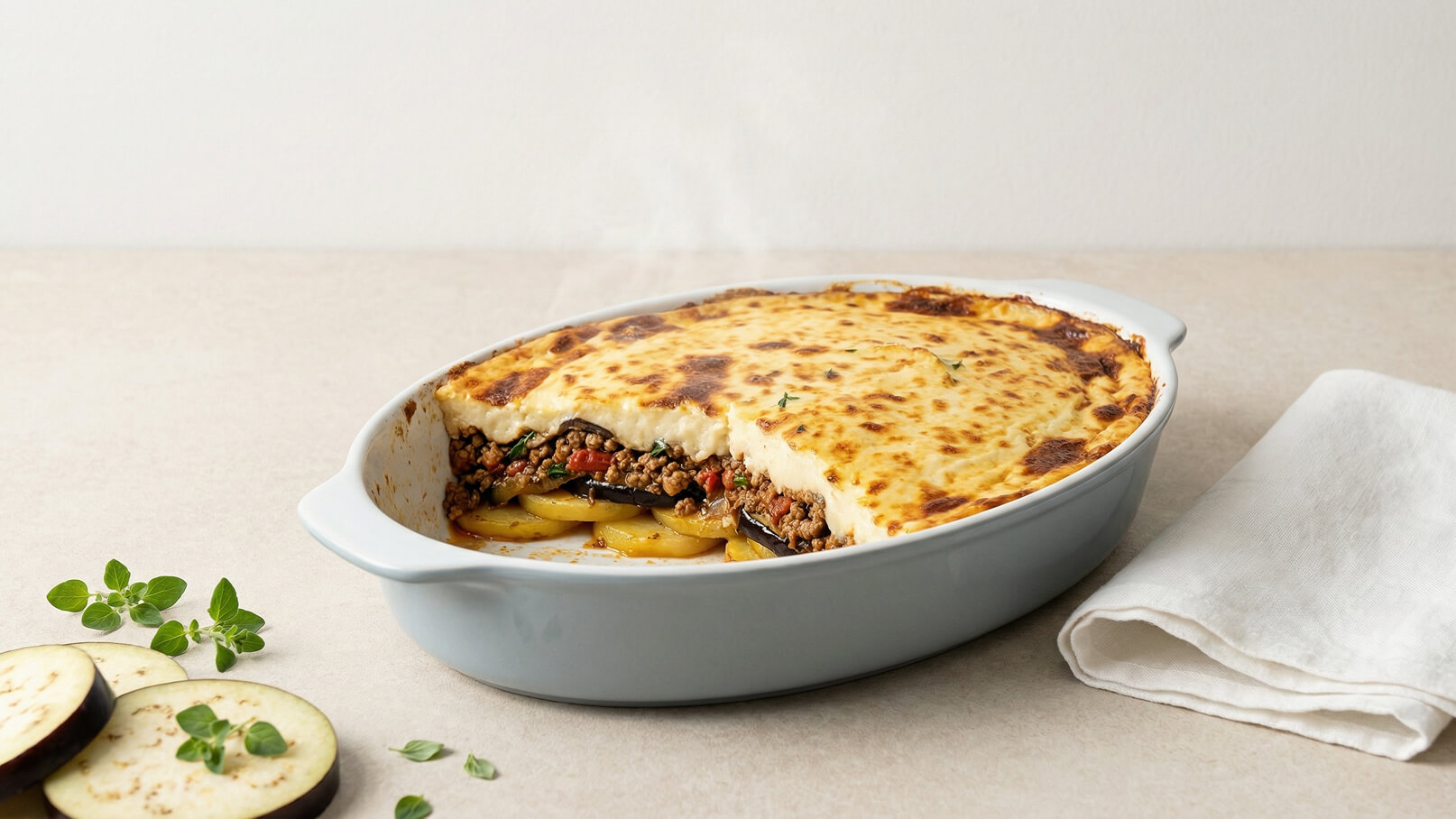Ein hellblauer Auflaufform mit einer Schicht aus gebackenem Käse und Hackfleisch, darunter geschichtete Auberginen und Kartoffeln. Der Auflauf dampft leicht und hat eine goldene, knusprige Oberfläche. Daneben liegt ein gefaltetes, weißes Geschirrtuch.