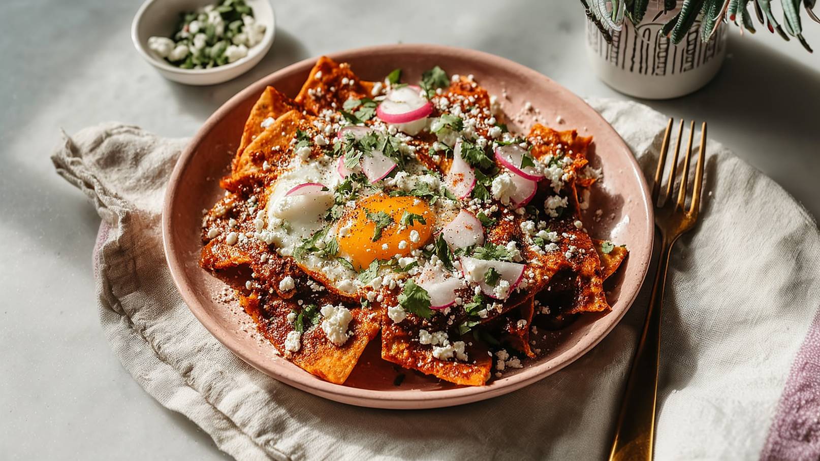 Ein Teller mit Nachos, garniert mit einem Spiegelei, frischen Korianderblättern, gehackten Radieschen und zerbröckeltem Käse. Die Nachos sind mit einer würzigen Soße überzogen und werden auf einem rosa Teller serviert, der auf einer hellen Tischoberfläche liegt.